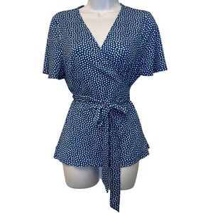 Boden Blue White Polka Dot Wrap Top Short Sleeve Tie Waist Women Size 10R